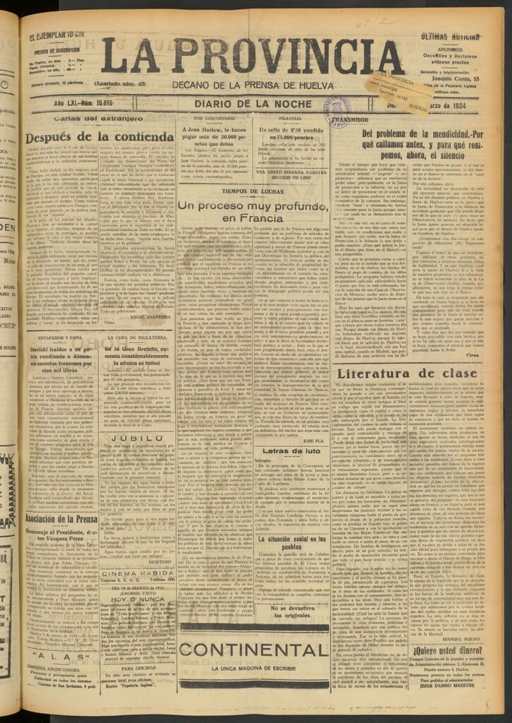 Miniatura de La Provincia : diario de la noche del 9 de marzo de 1934