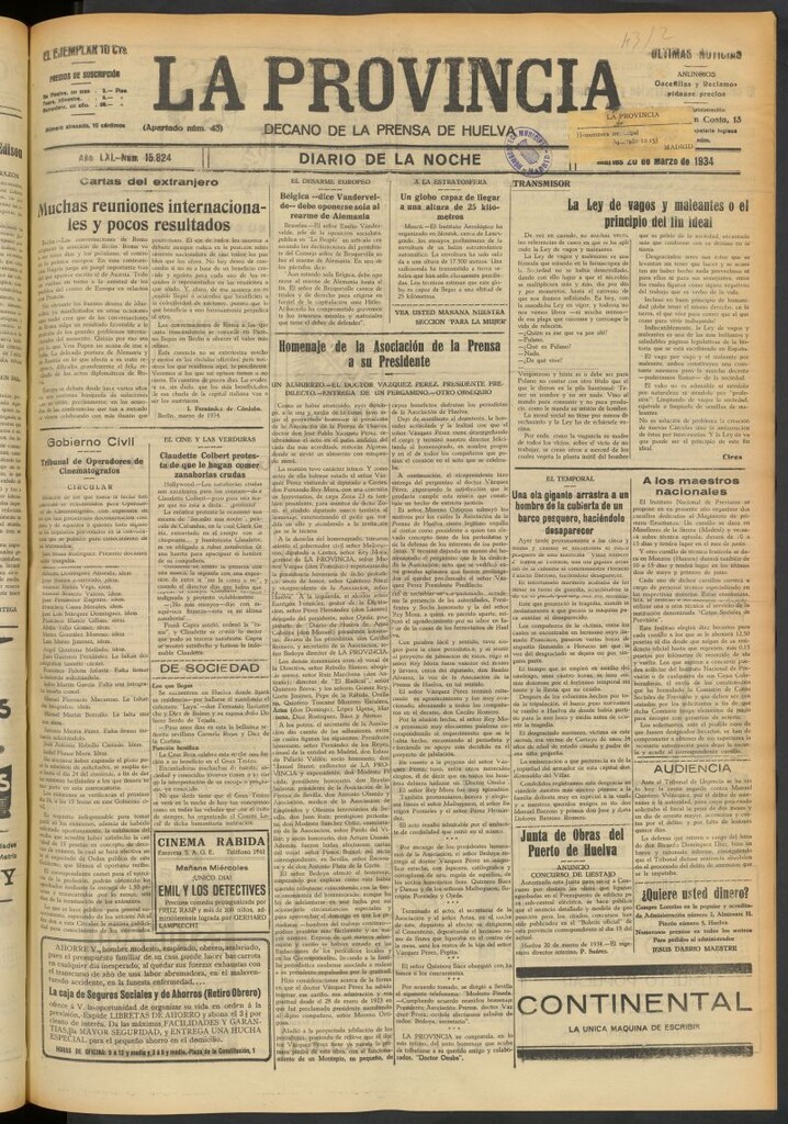 Miniatura de La Provincia : diario de la noche del 20 de marzo de 1934