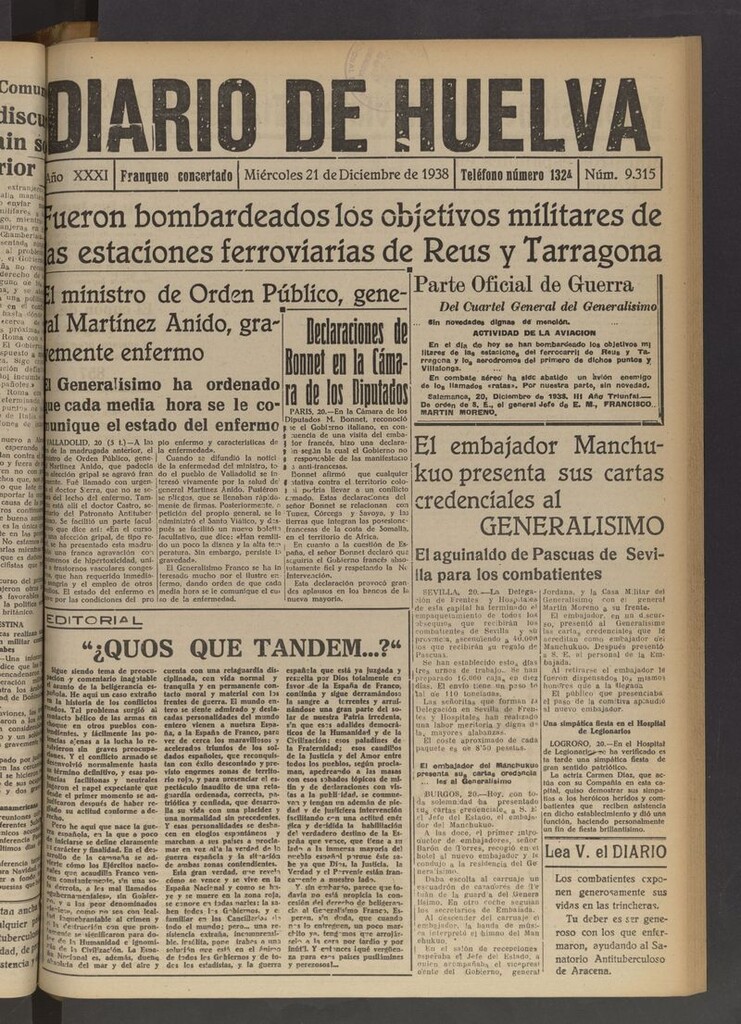 Miniatura de Diario de Huelva : periódico independiente del 21 de diciembre de 1938
