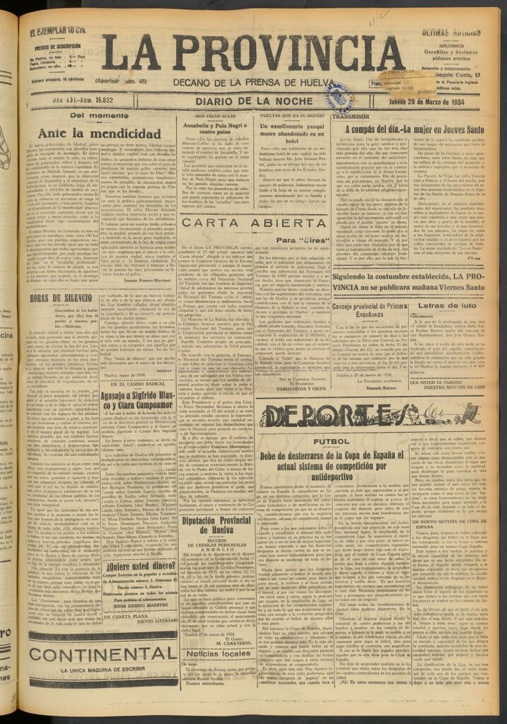 Miniatura de La Provincia : diario de la noche del 29 de marzo de 1934