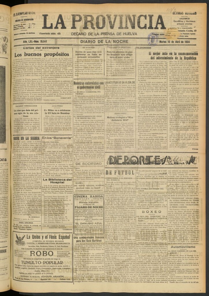 Miniatura de La Provincia : diario de la noche del 10 de abril de 1934