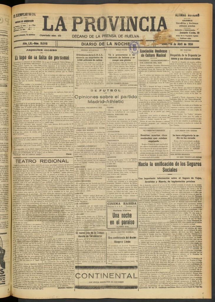 Miniatura de La Provincia : diario de la noche del 19 de abril de 1934