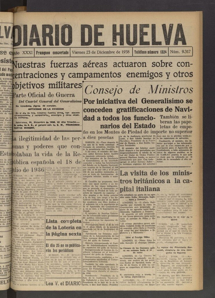 Miniatura de Diario de Huelva : periódico independiente del 23 de diciembre de 1938