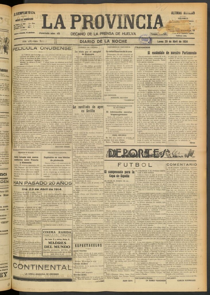 Miniatura de La Provincia : diario de la noche del 23 de abril de 1934