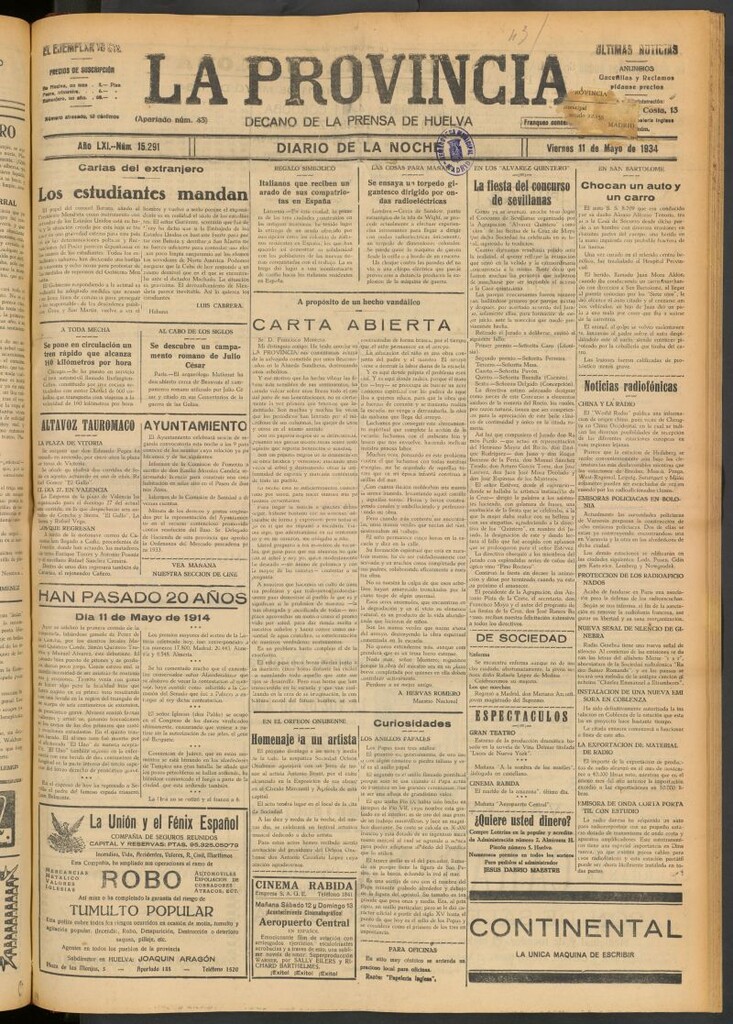 Miniatura de La Provincia : diario de la noche del 11 de mayo de 1934