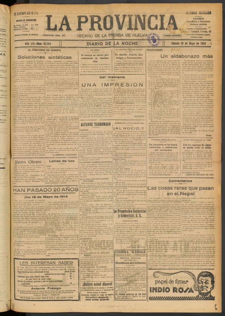 Miniatura de La Provincia : diario de la noche del 19 de mayo de 1934