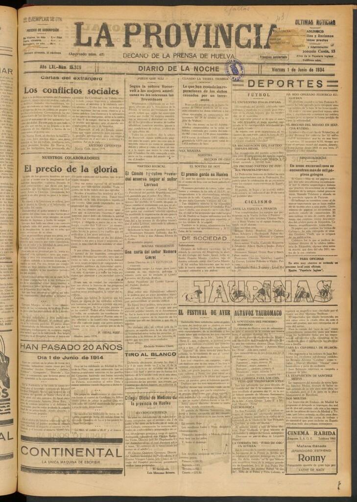Miniatura de La Provincia : diario de la noche del 1 de junio de 1934