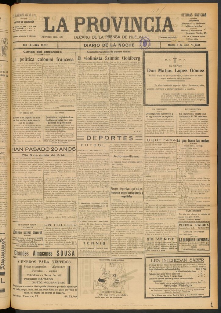 Miniatura de La Provincia : diario de la noche del 5 de junio de 1934