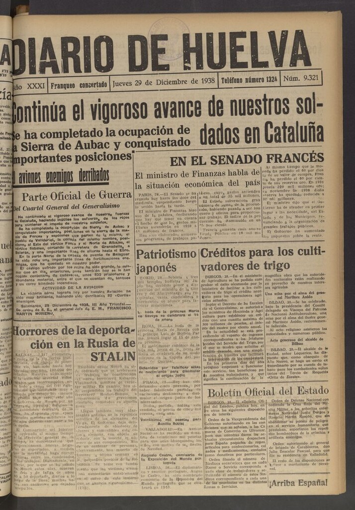Miniatura de Diario de Huelva : periódico independiente del 29 de diciembre de 1938