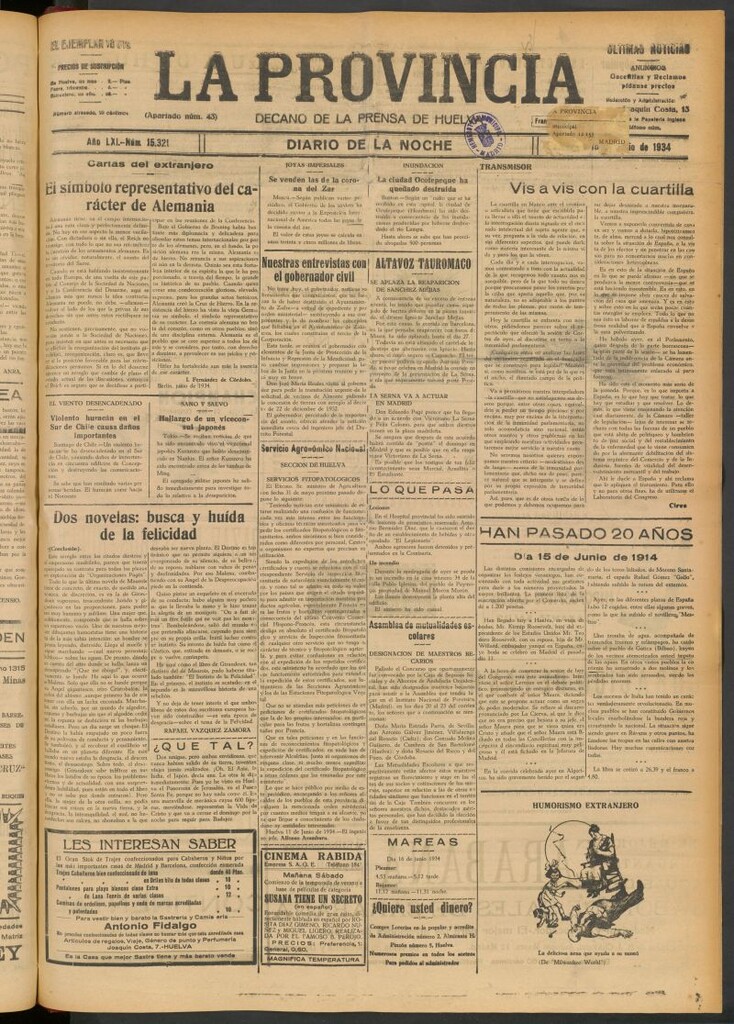 Miniatura de La Provincia : diario de la noche del 15 de junio de 1934