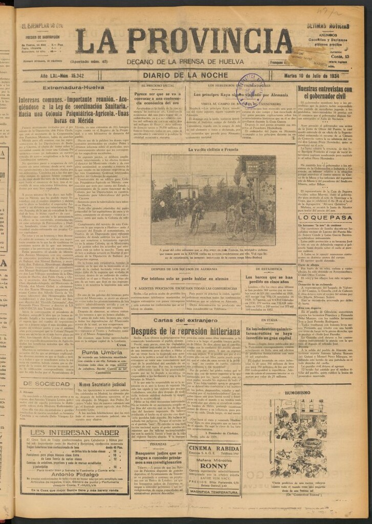 Miniatura de La Provincia : diario de la noche del 10 de julio de 1934