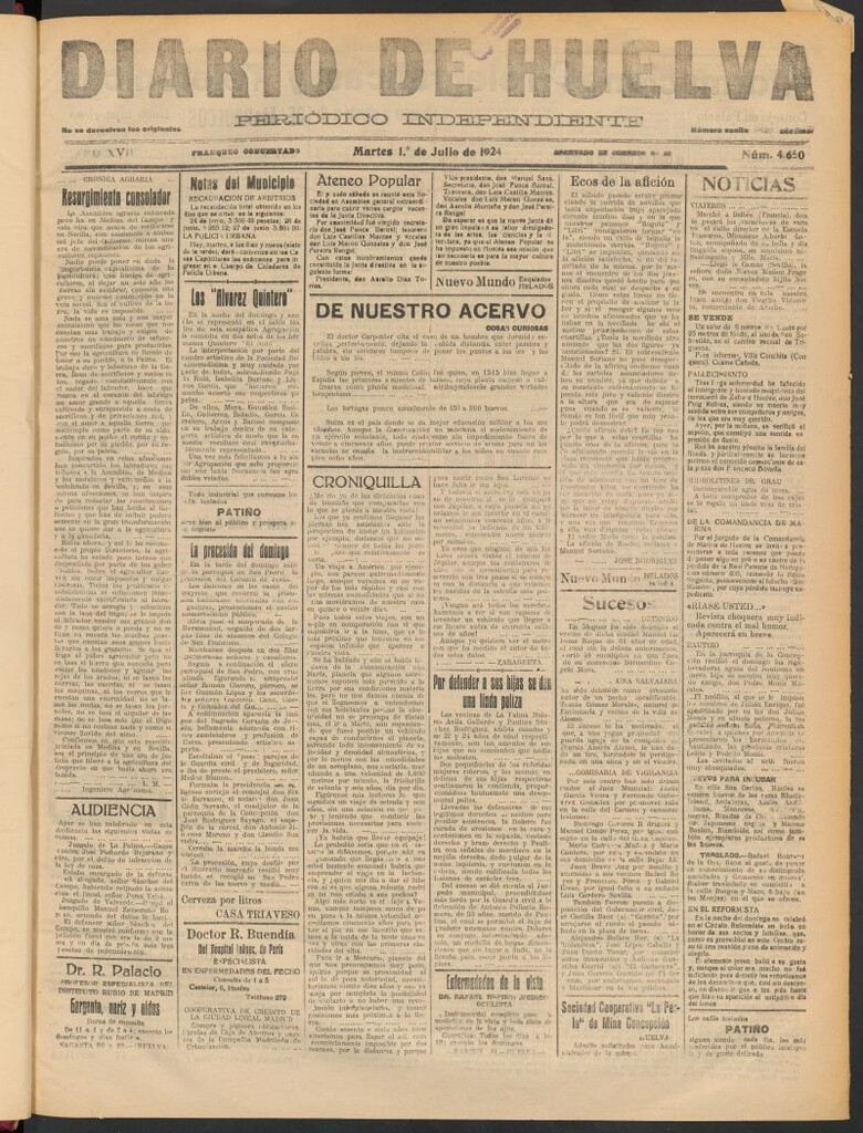 Miniatura de Diario de Huelva : periódico independiente del 1 de julio de 1924