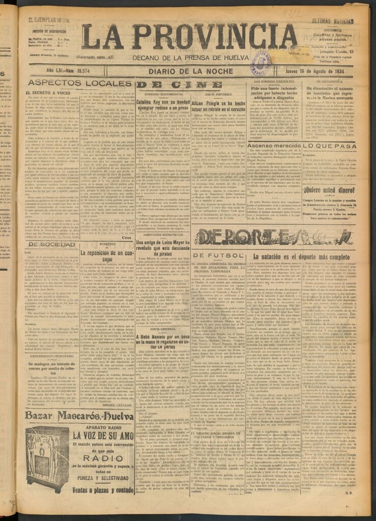 Miniatura de La Provincia : diario de la noche del 16 de agosto de 1934
