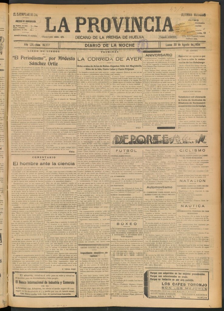 Miniatura de La Provincia : diario de la noche del 20 de agosto de 1934