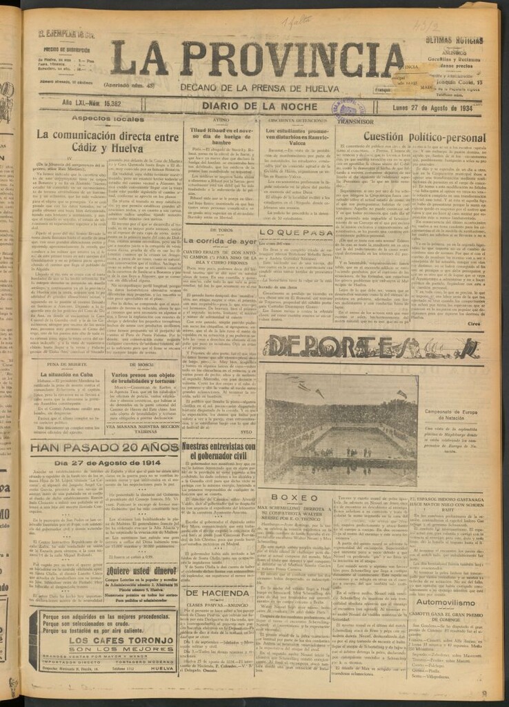 Miniatura de La Provincia : diario de la noche del 27 de agosto de 1934