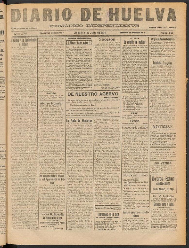 Miniatura de Diario de Huelva : periódico independiente del 5 de julio de 1924