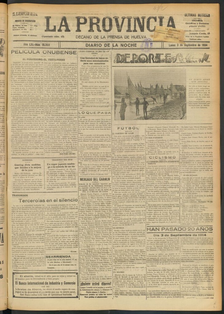 Miniatura de La Provincia : diario de la noche del 3 de septiembre de 1934