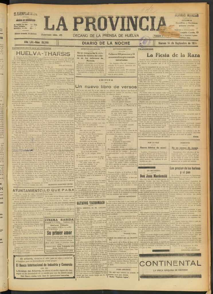 Miniatura de La Provincia : diario de la noche del 14 de septiembre de 1934