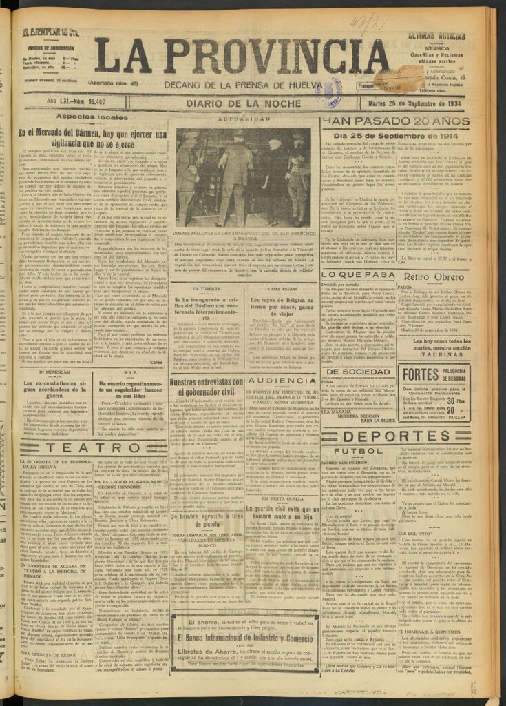 Miniatura de La Provincia : diario de la noche del 25 de septiembre de 1934
