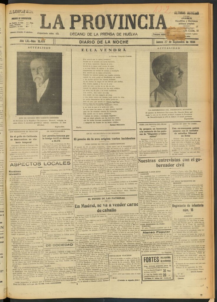 Miniatura de La Provincia : diario de la noche del 27 de septiembre de 1934
