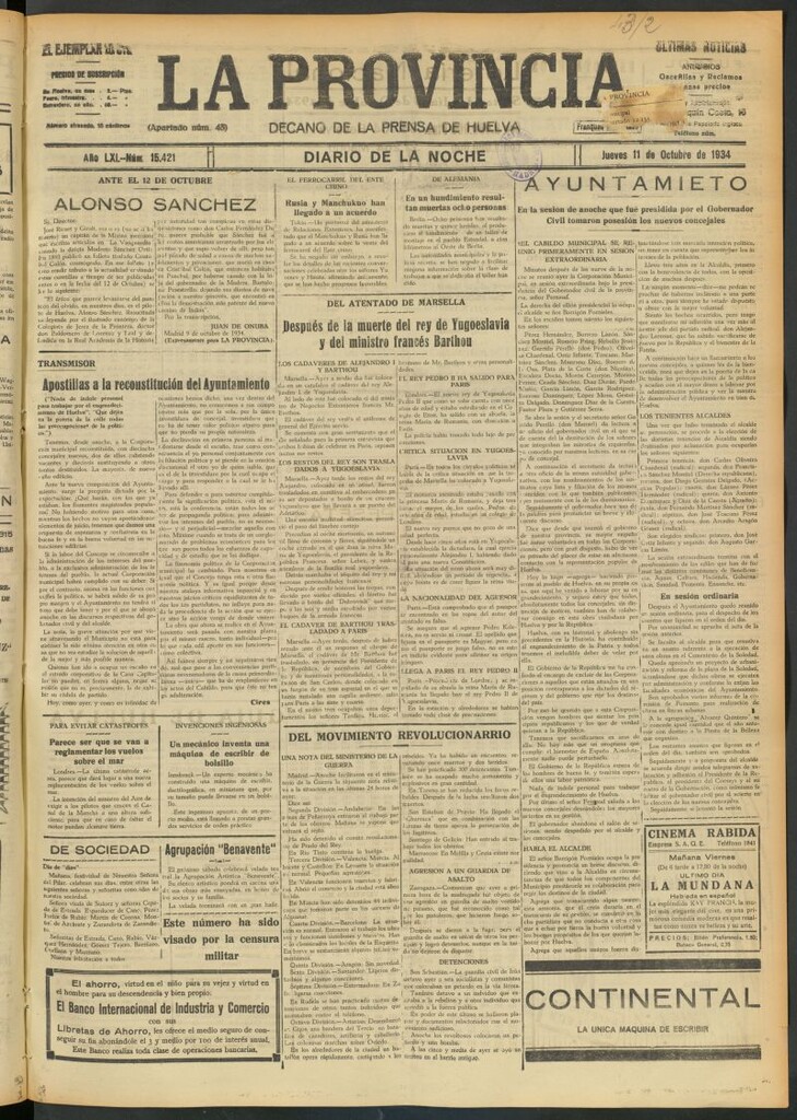 Miniatura de La Provincia : diario de la noche del 11 de octubre de 1934