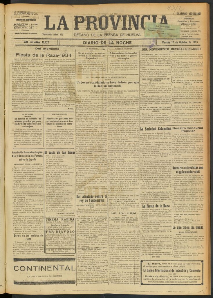 Miniatura de La Provincia : diario de la noche del 12 de octubre de 1934