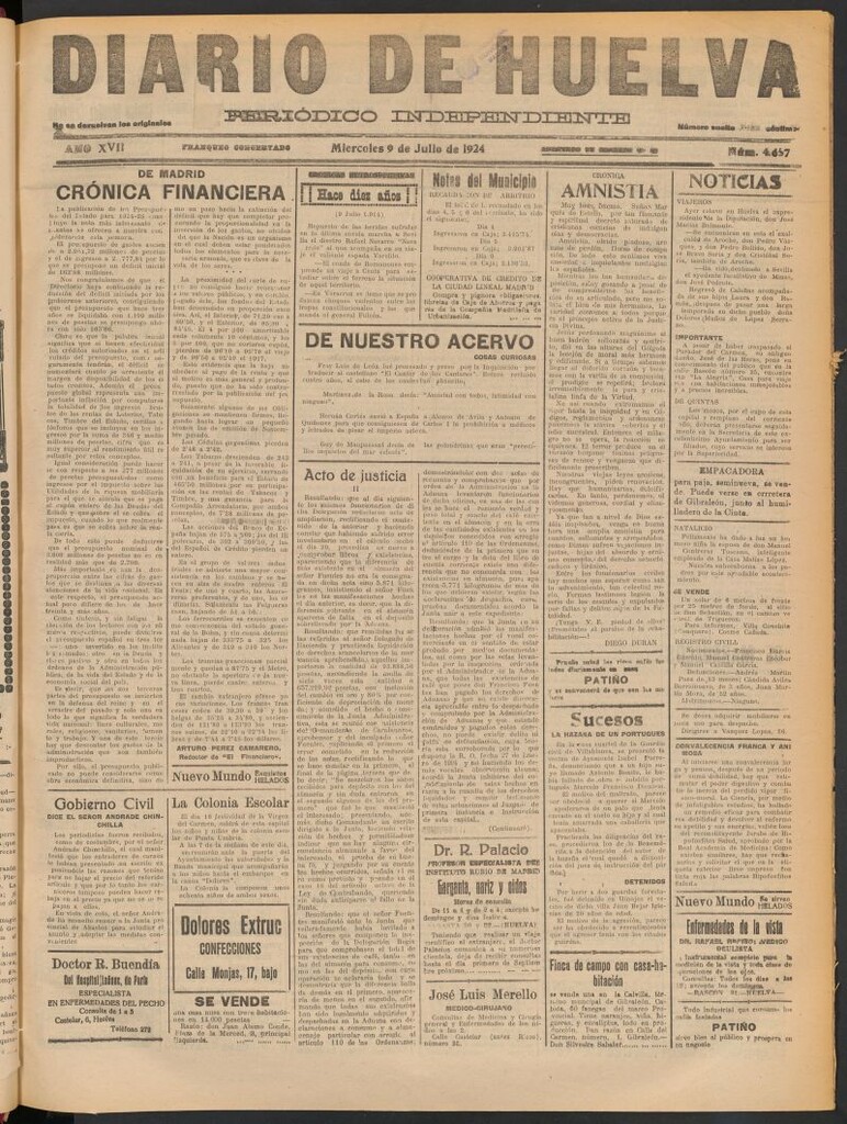 Miniatura de Diario de Huelva : periódico independiente del 9 de julio de 1924