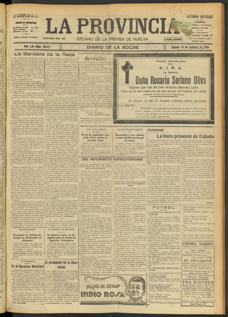 Miniatura de La Provincia : diario de la noche del 13 de octubre de 1934