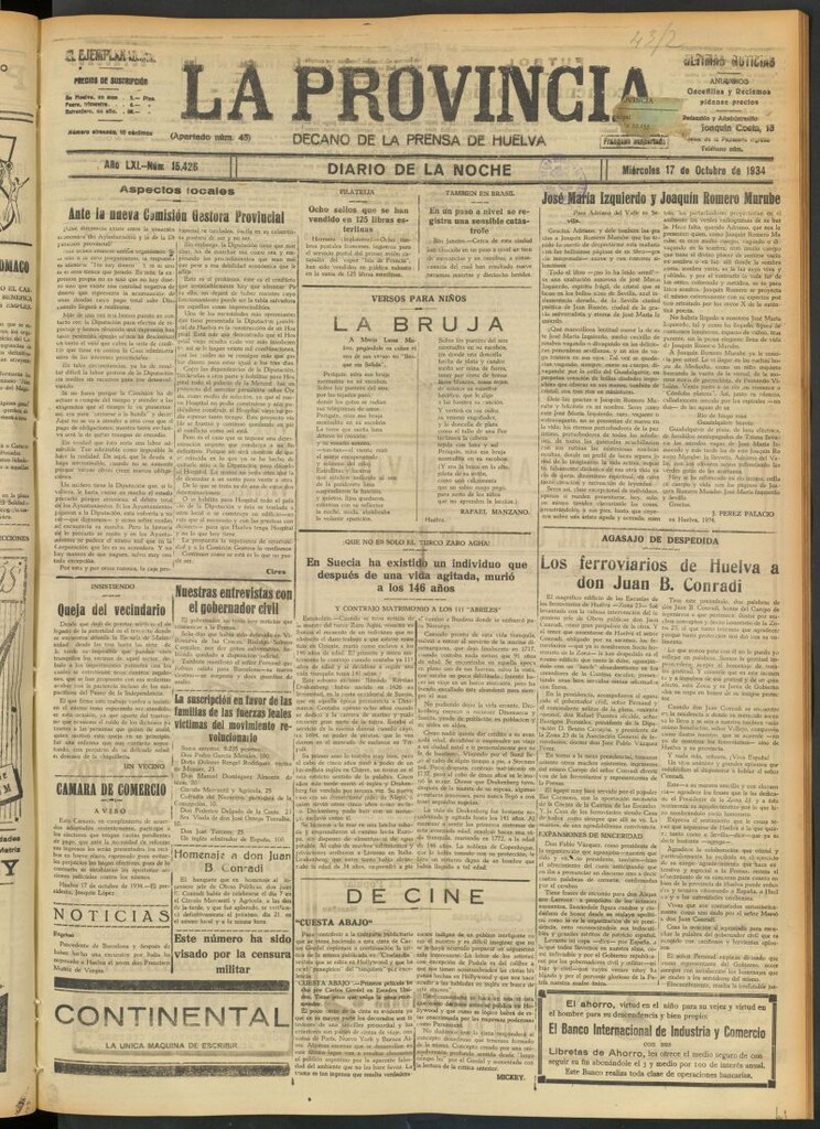 Miniatura de La Provincia : diario de la noche del 17 de octubre de 1934