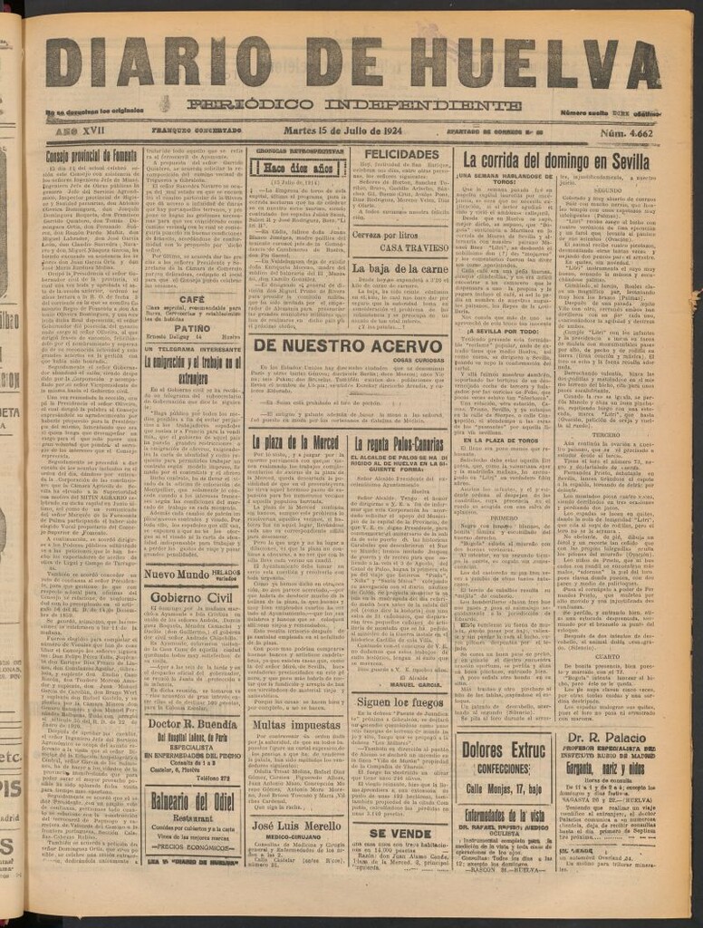 Miniatura de Diario de Huelva : periódico independiente del 15 de julio de 1924