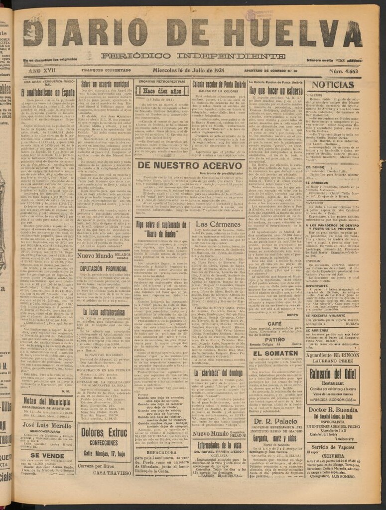 Miniatura de Diario de Huelva : periódico independiente del 16 de julio de 1924
