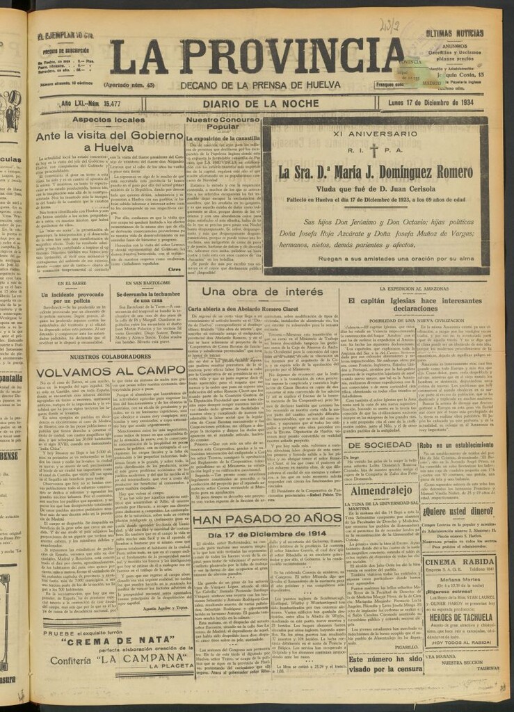 Miniatura de La Provincia : diario de la noche del 17 de diciembre de 1934