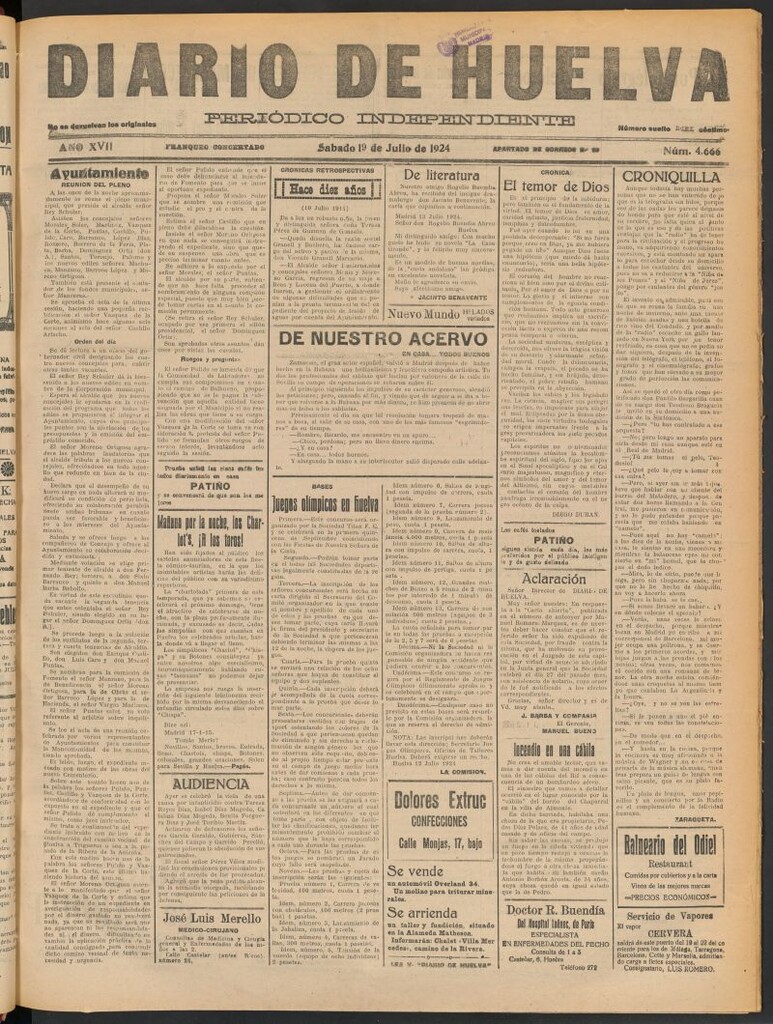 Miniatura de Diario de Huelva : periódico independiente del 19 de julio de 1924