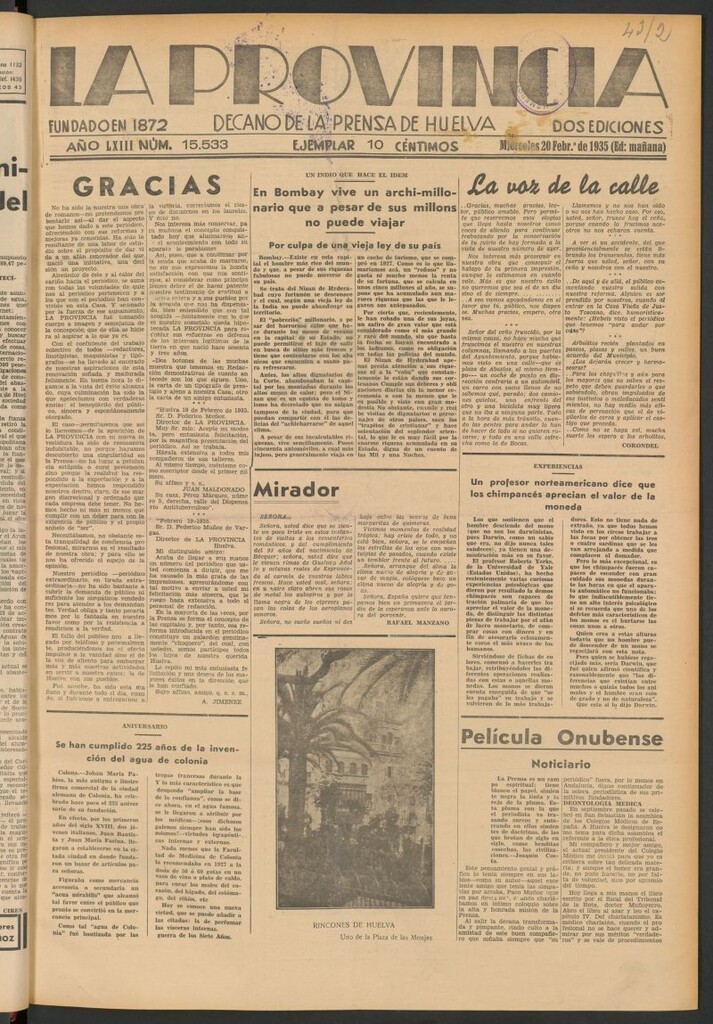Miniatura de La Provincia : diario de la noche del 20 de febrero de 1935