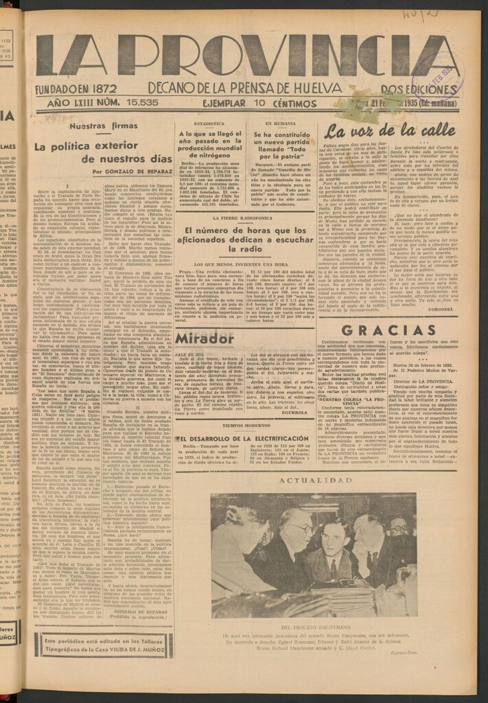 Miniatura de La Provincia : diario de la noche del 21 de febrero de 1935