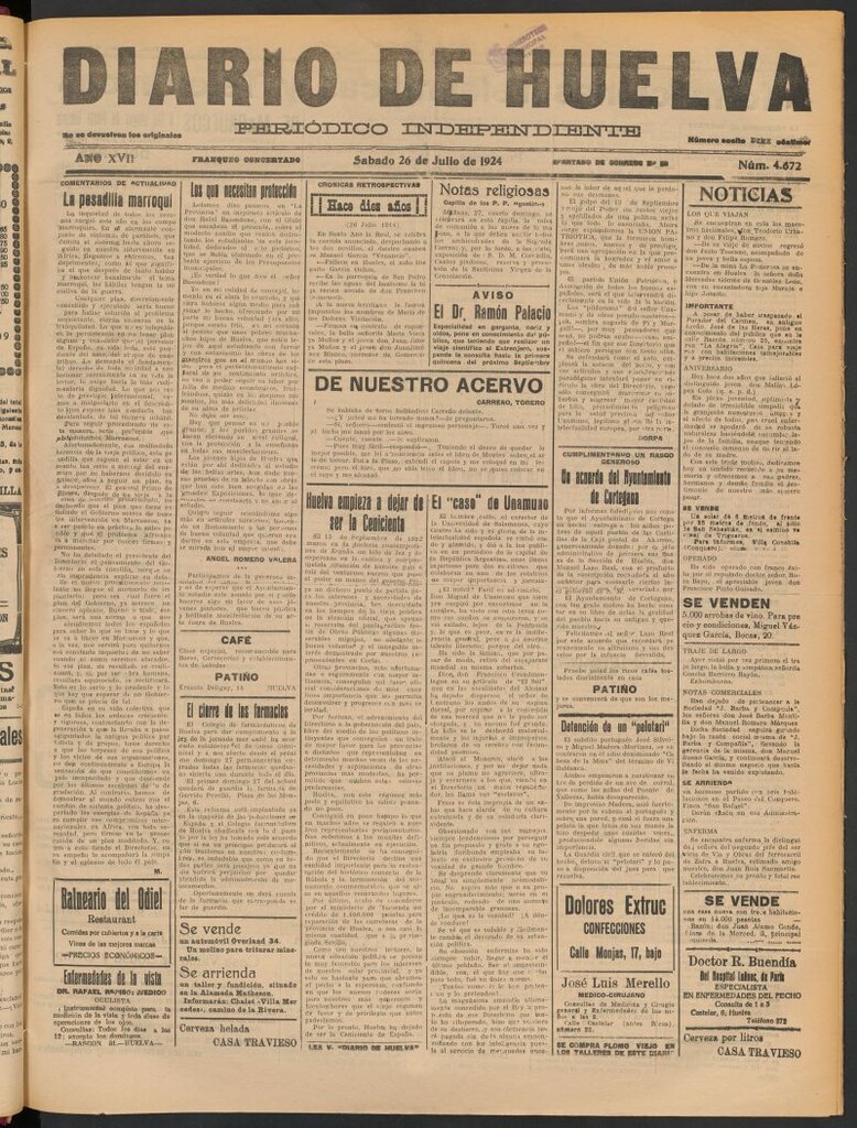 Miniatura de Diario de Huelva : periódico independiente del 26 de julio de 1924