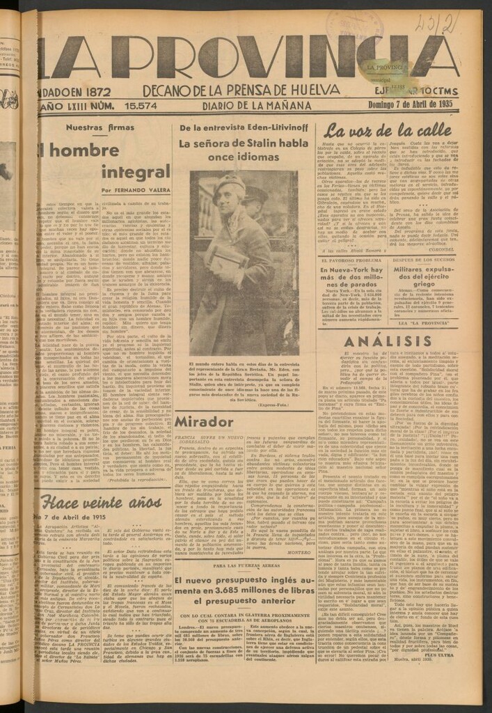Miniatura de La Provincia : diario de la noche del 7 de abril de 1935