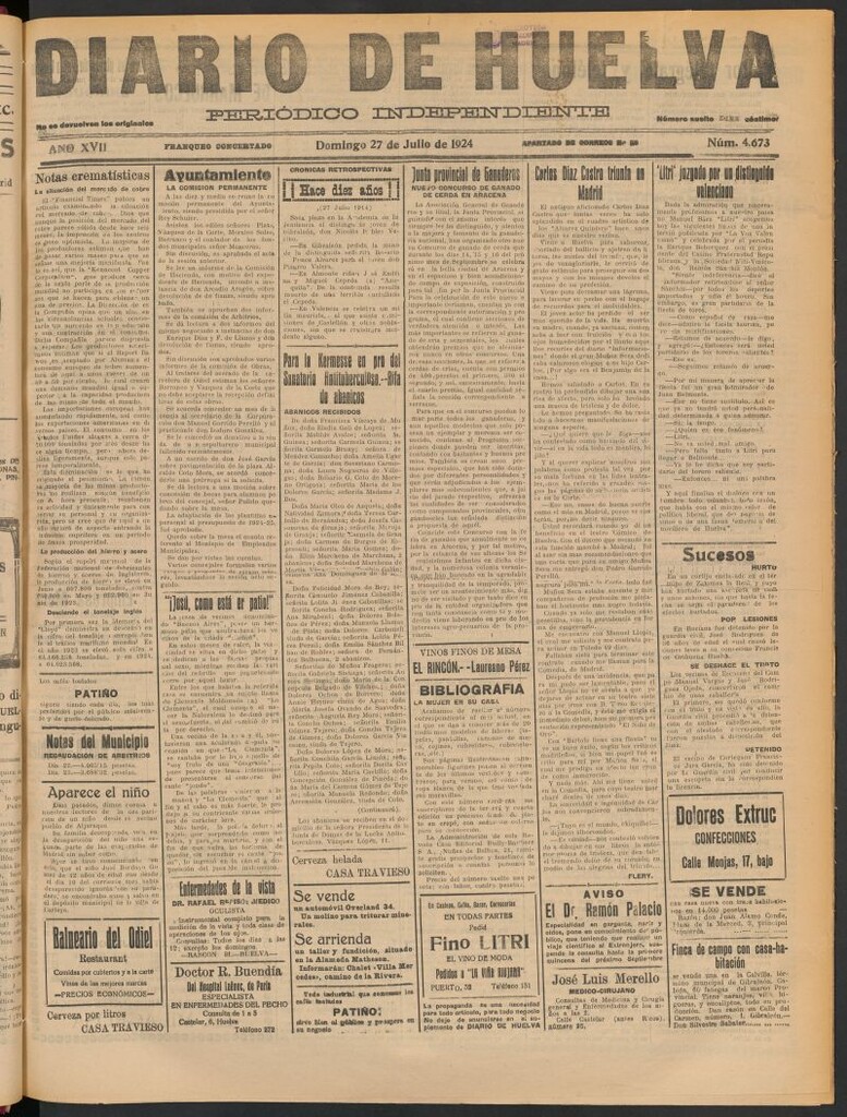 Miniatura de Diario de Huelva : periódico independiente del 27 de julio de 1924