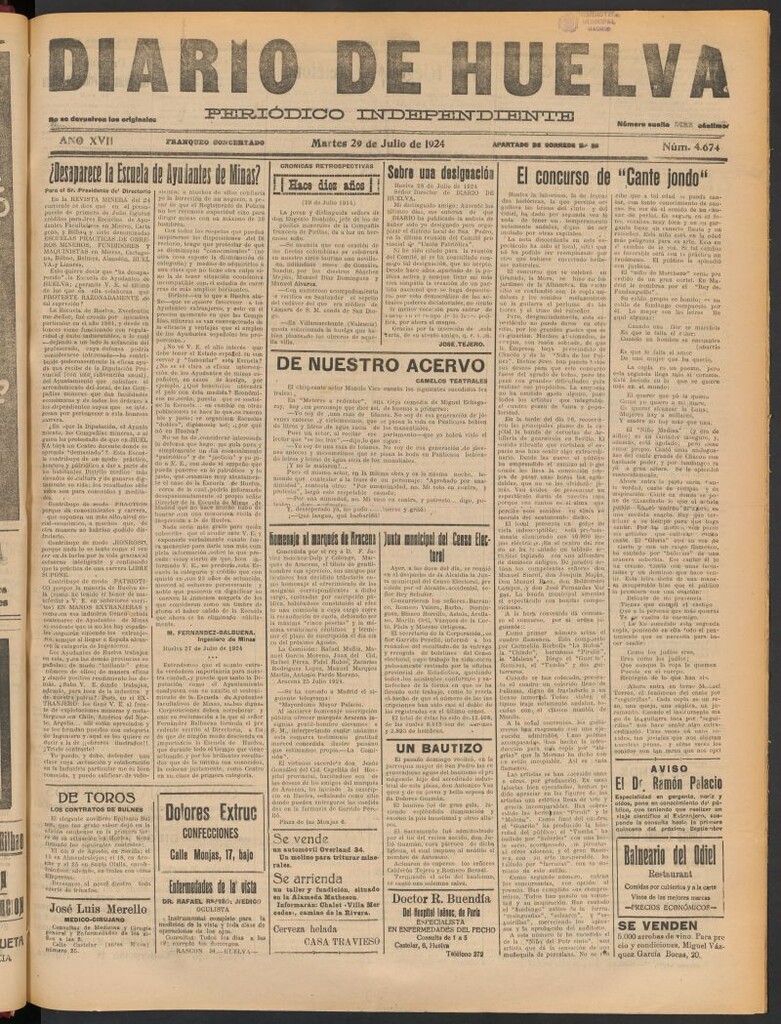 Miniatura de Diario de Huelva : periódico independiente del 29 de julio de 1924