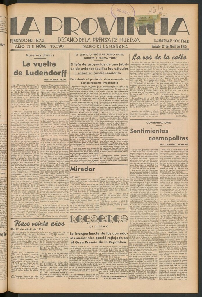 Miniatura de La Provincia : diario de la noche del 27 de abril de 1935
