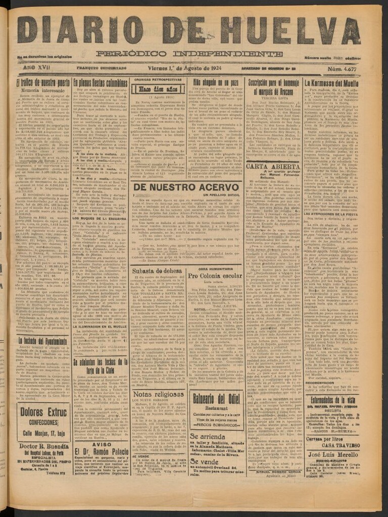 Miniatura de Diario de Huelva : periódico independiente del 1 de agosto de 1924