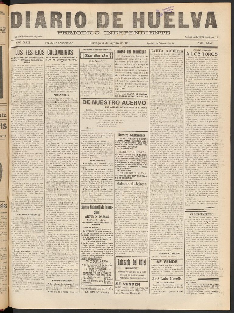 Miniatura de Diario de Huelva : periódico independiente del 3 de agosto de 1924