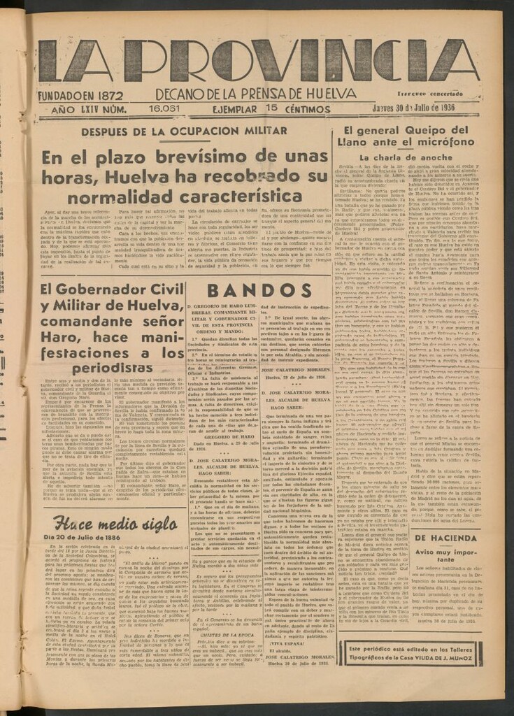 Miniatura de La Provincia : diario de la noche del 30 de julio de 1936