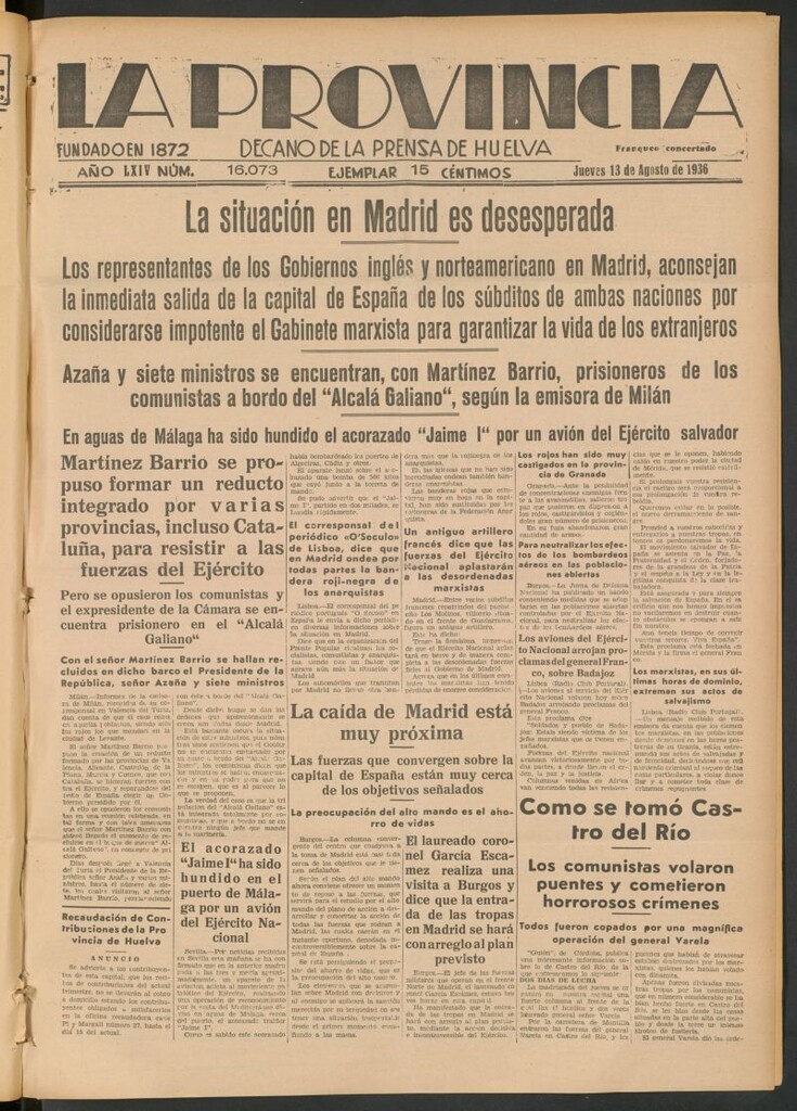 Miniatura de La Provincia : diario de la noche del 13 de agosto de 1936