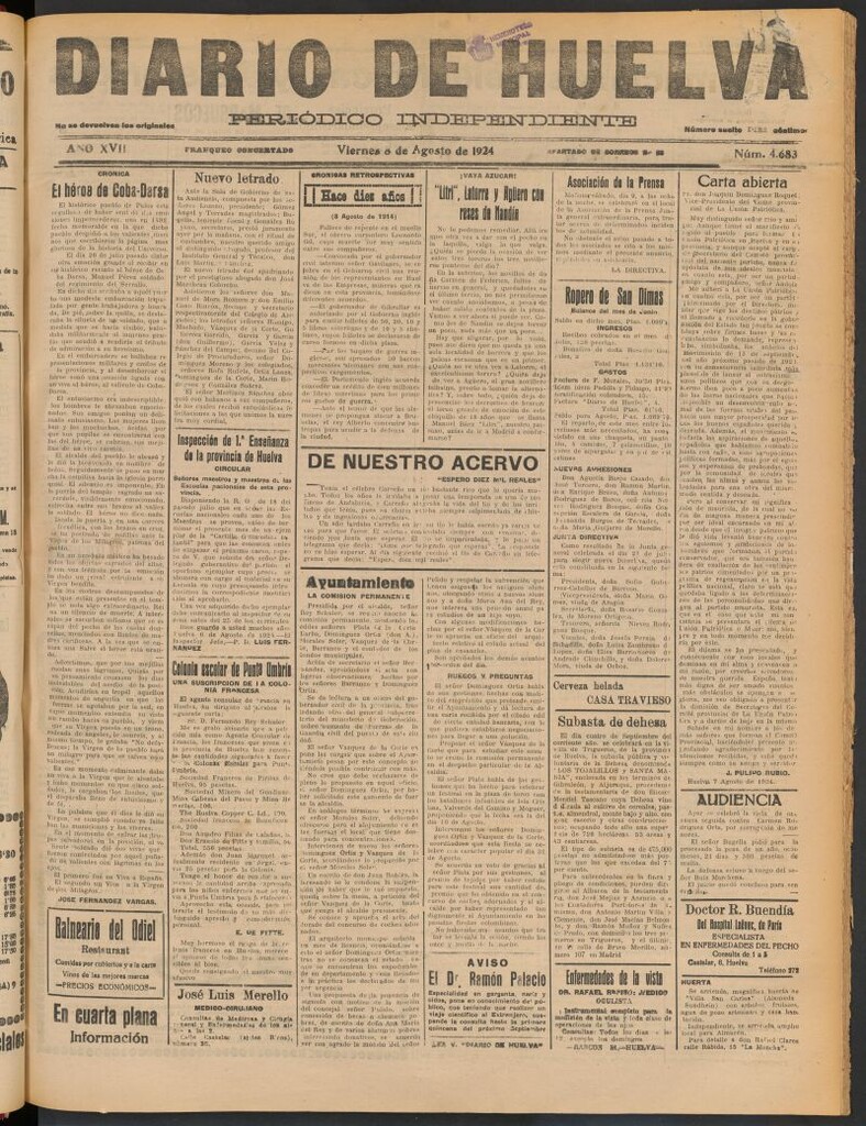 Miniatura de Diario de Huelva : periódico independiente del 8 de agosto de 1924