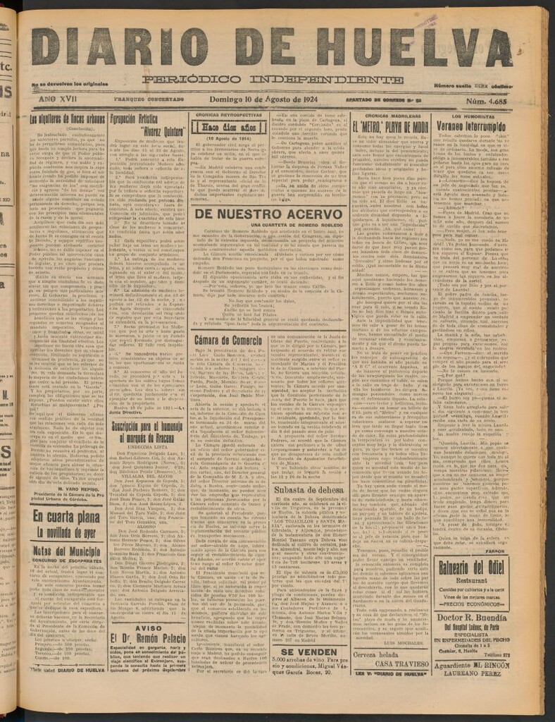 Miniatura de Diario de Huelva : periódico independiente del 10 de agosto de 1924