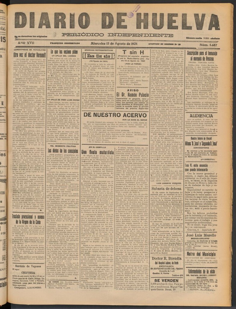 Miniatura de Diario de Huelva : periódico independiente del 13 de agosto de 1924