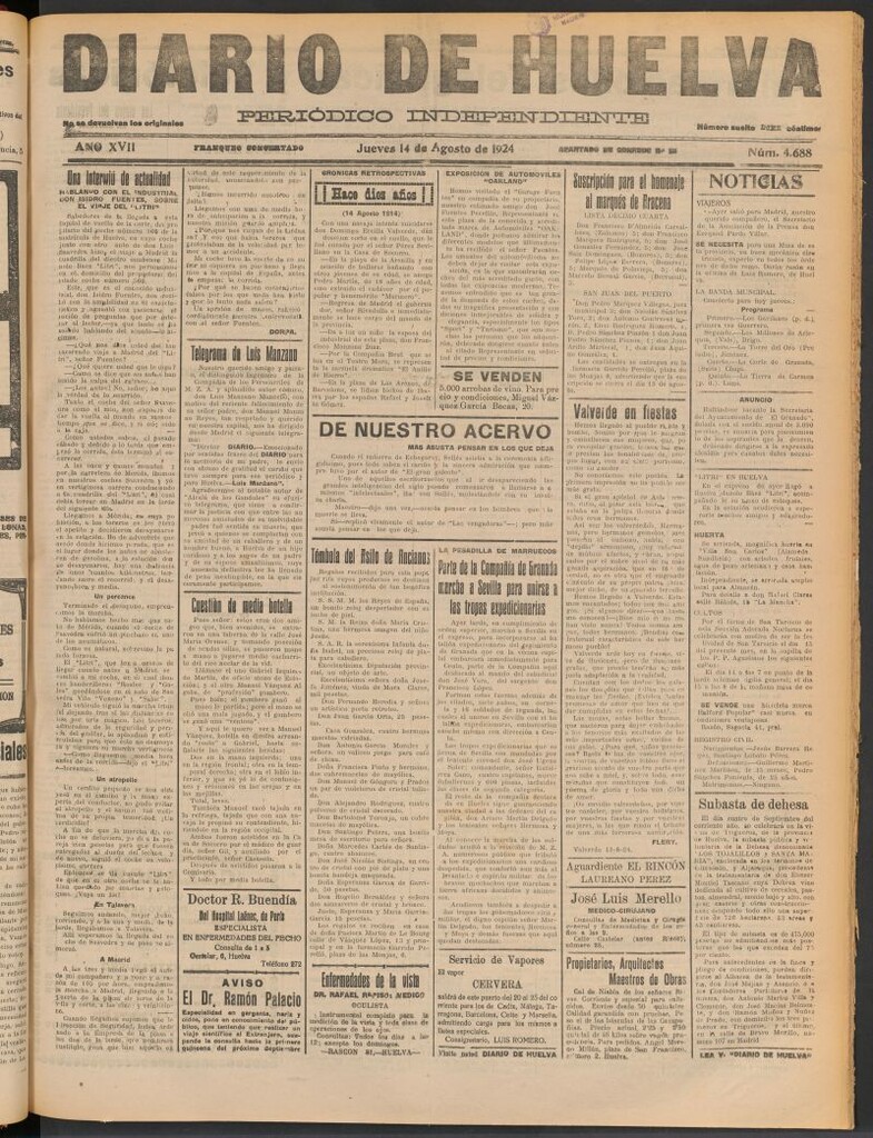 Miniatura de Diario de Huelva : periódico independiente del 14 de agosto de 1924