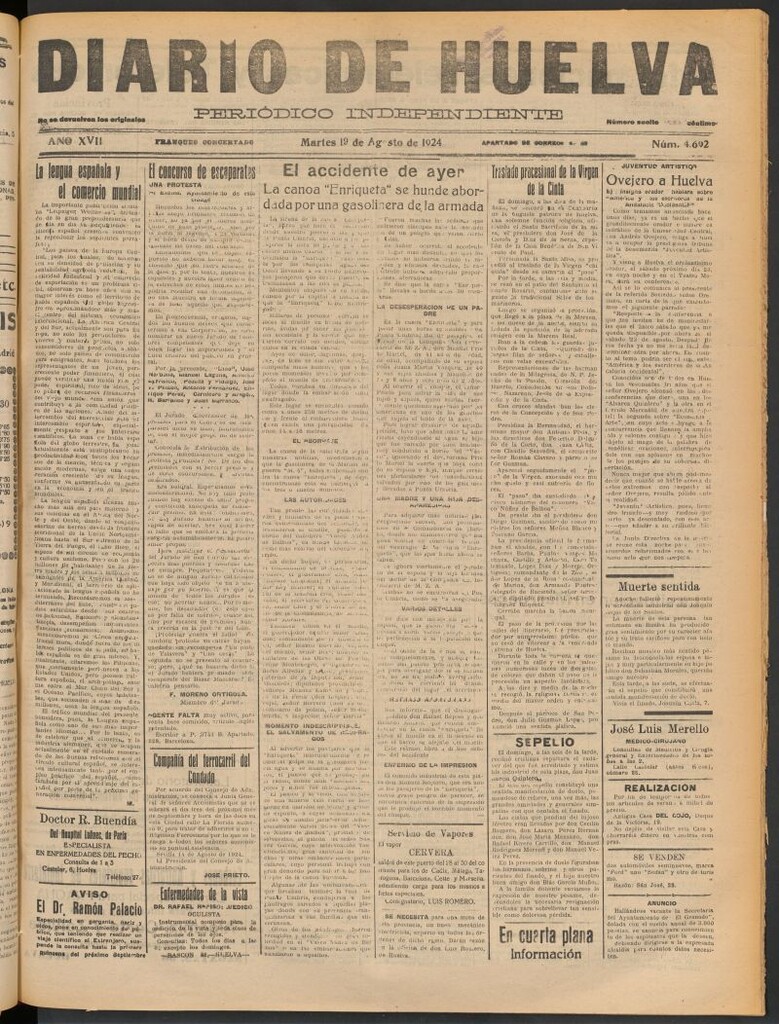Miniatura de Diario de Huelva : periódico independiente del 19 de agosto de 1924