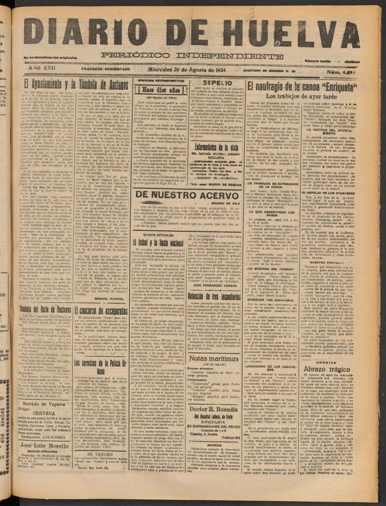 Miniatura de Diario de Huelva : periódico independiente del 20 de agosto de 1924
